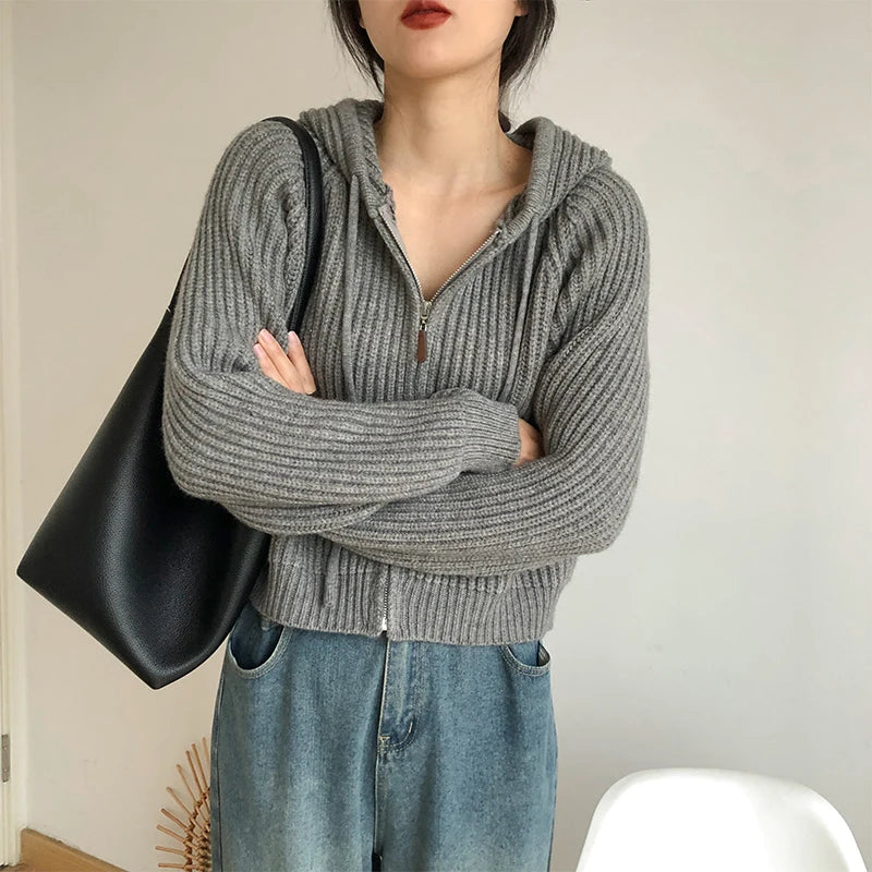 Hooded Knitted Cardigan Cropped Sweater