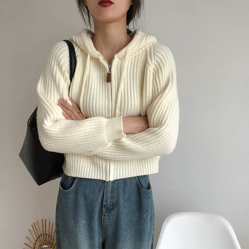 Hooded Knitted Cardigan Cropped Sweater