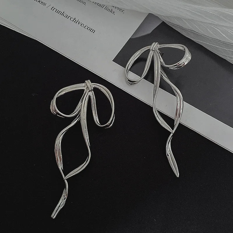 Simple Silver Color Metal Line Bow Earrings