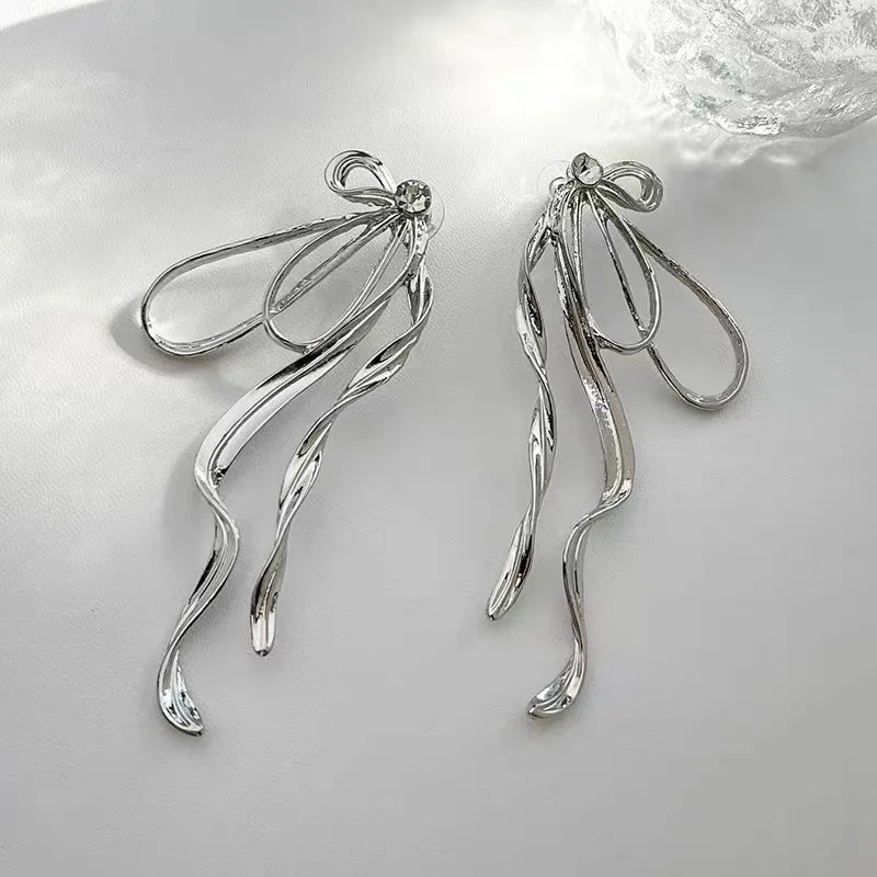 Simple Silver Color Metal Line Bow Earrings