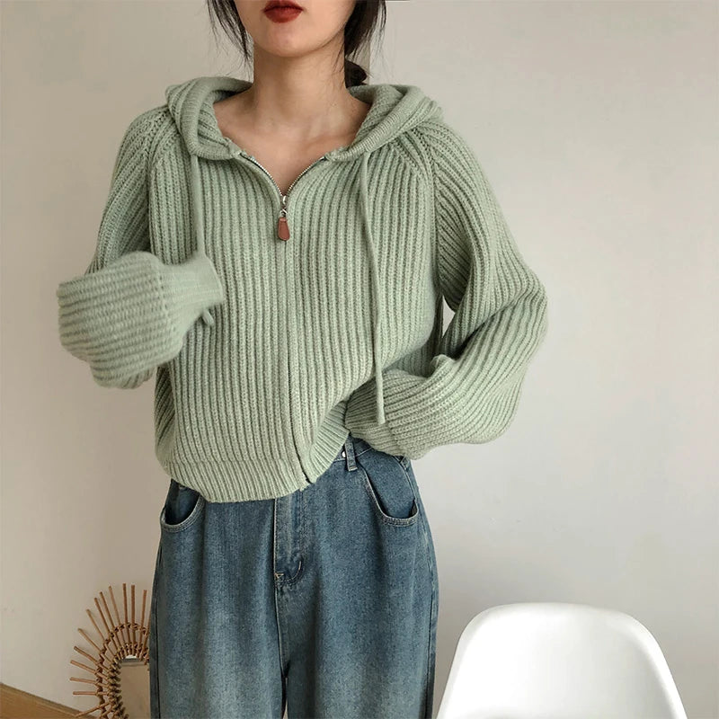 Hooded Knitted Cardigan Cropped Sweater