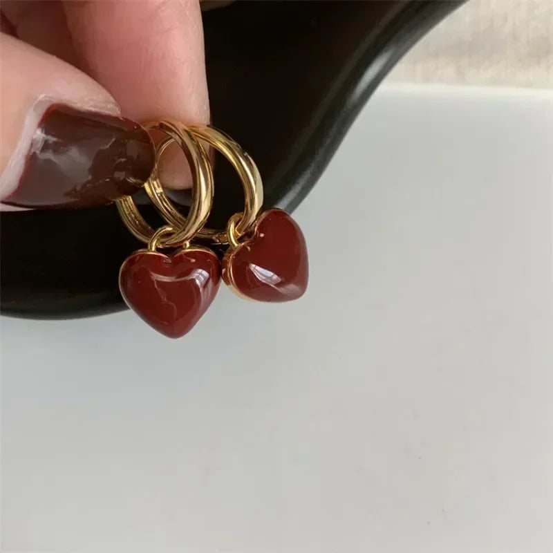 Simple Design Wine Red Love Heart Dangle Earrings