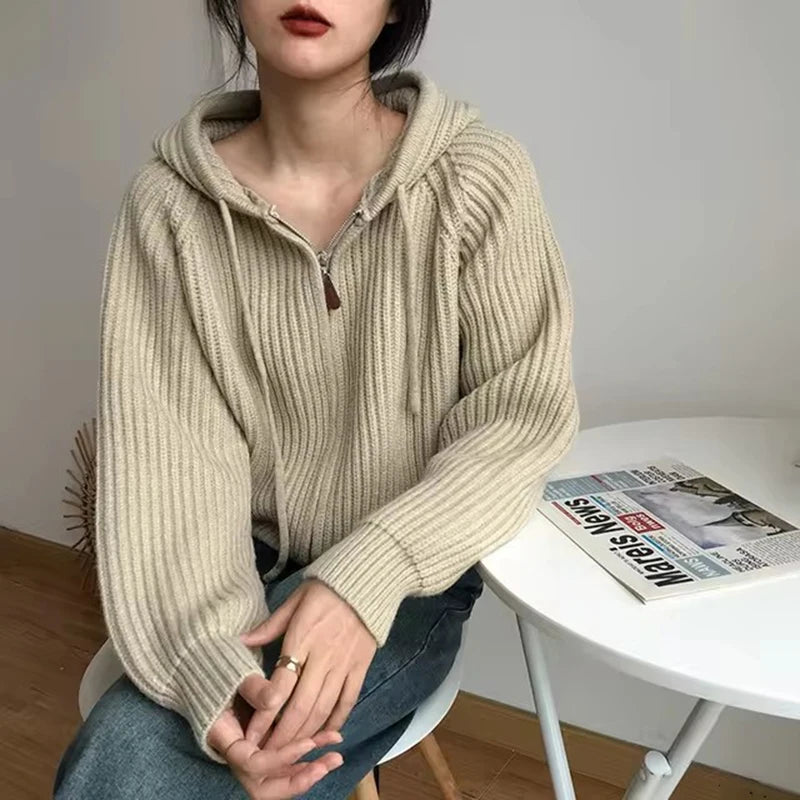 Hooded Knitted Cardigan Cropped Sweater