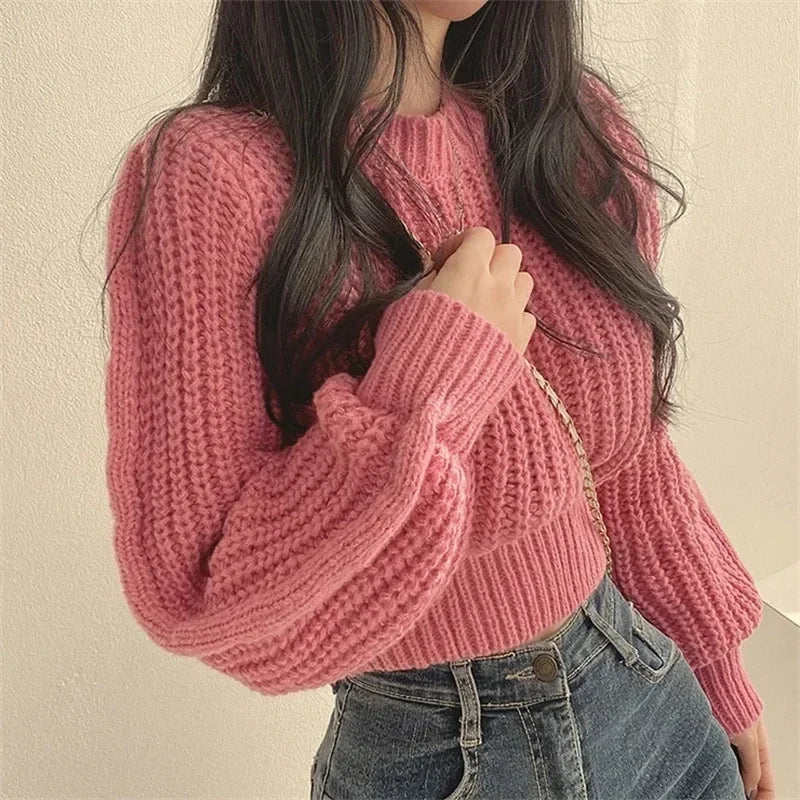 Vintage Cropped Sweater Women Lantern