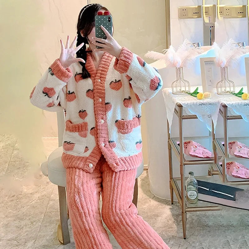 2Pcs/set women's coral velvet pajamas