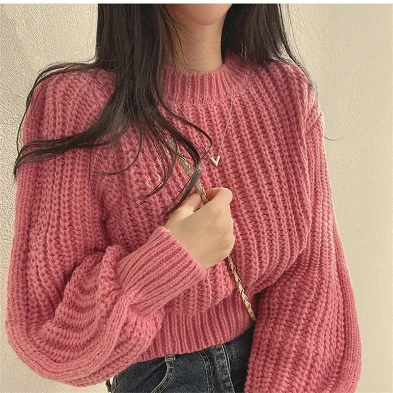 Vintage Cropped Sweater Women Lantern