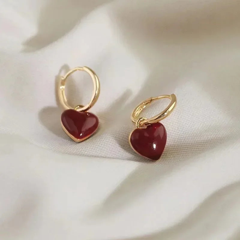 Simple Design Wine Red Love Heart Dangle Earrings