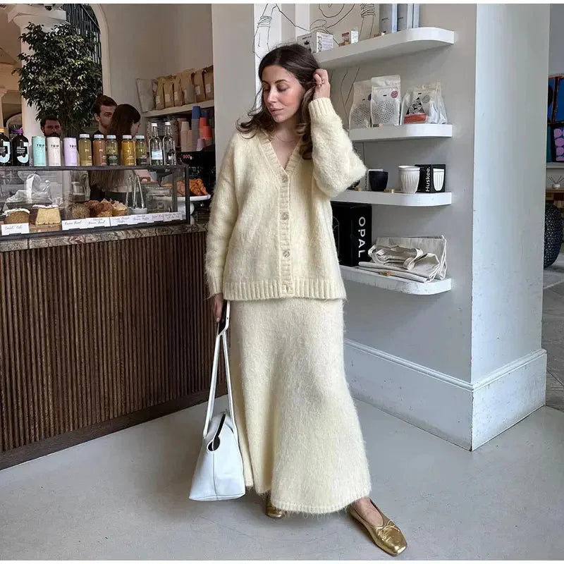 Elegant V Neck Suede Nap Cardigan Sweater 2 Piece Set