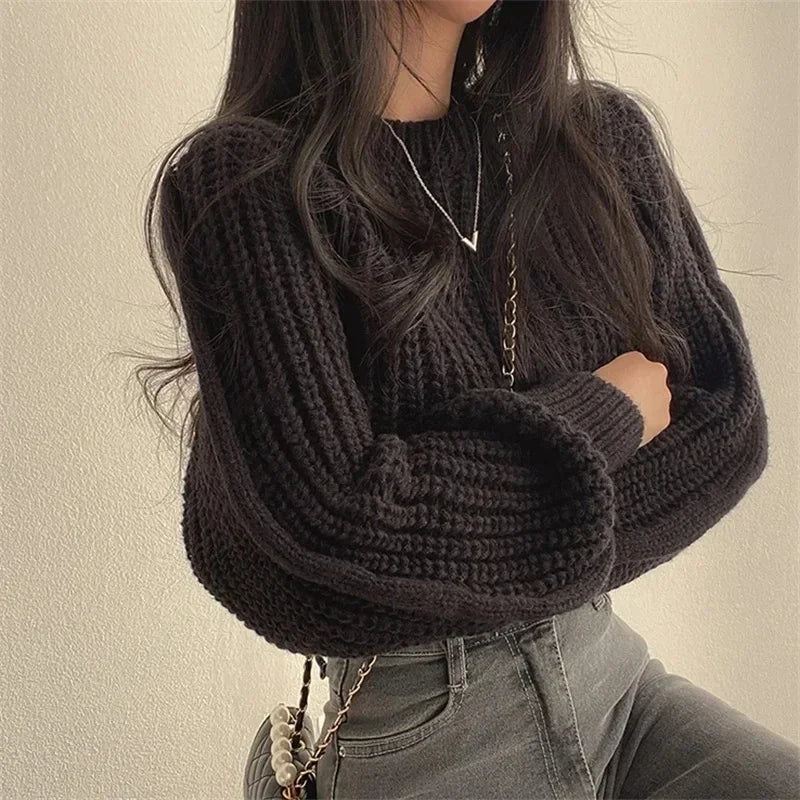 Vintage Cropped Sweater Women Lantern